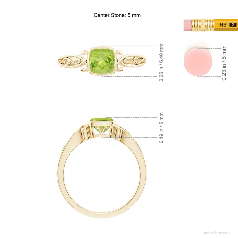 5mm AA Vintage Style Cushion Peridot Solitaire Ring in 18K Yellow Gold ruler