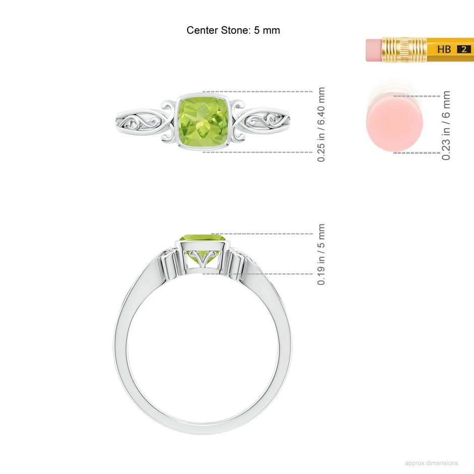 5mm AA Vintage Style Cushion Peridot Solitaire Ring in White Gold ruler