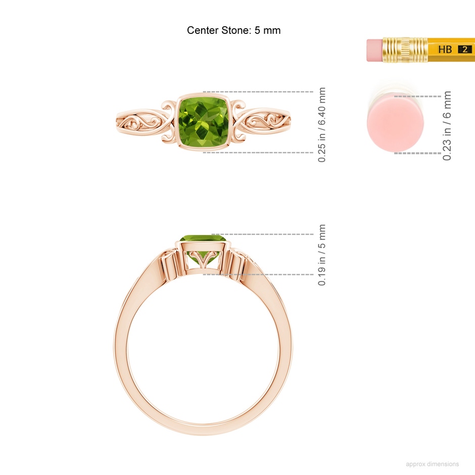 5mm AAAA Vintage Style Cushion Peridot Solitaire Ring in Rose Gold ruler