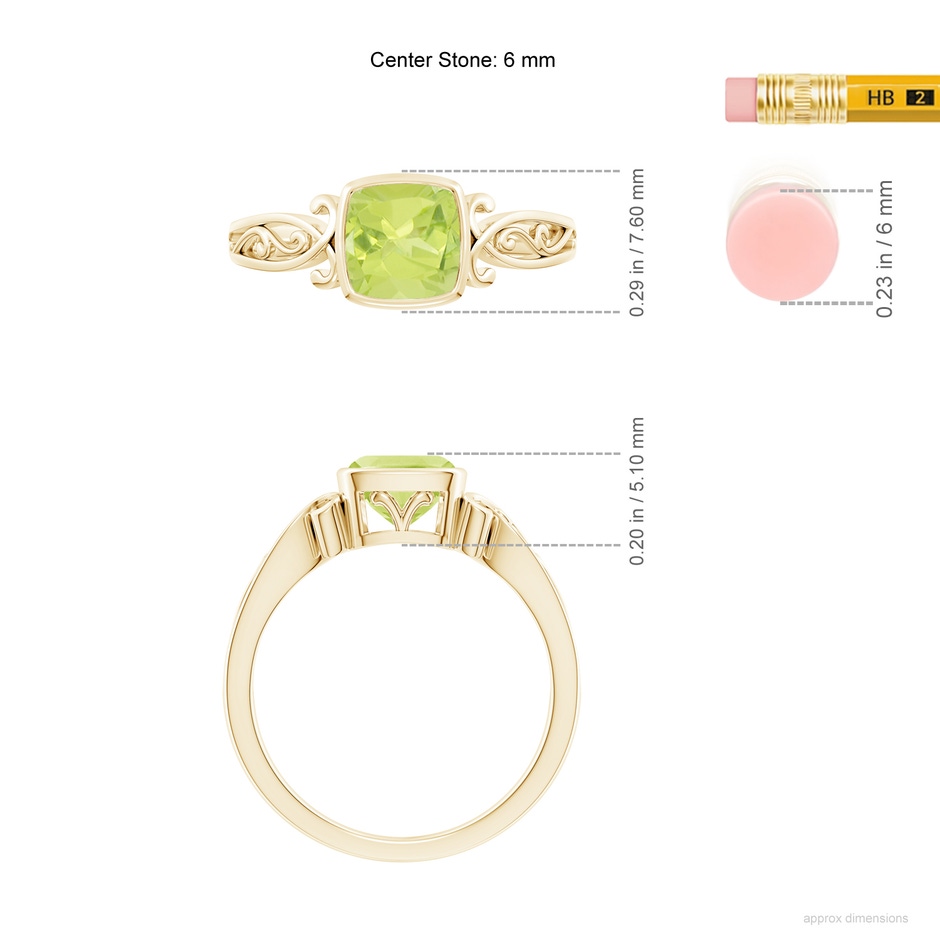 6mm A Vintage Style Cushion Peridot Solitaire Ring in 10K Yellow Gold ruler