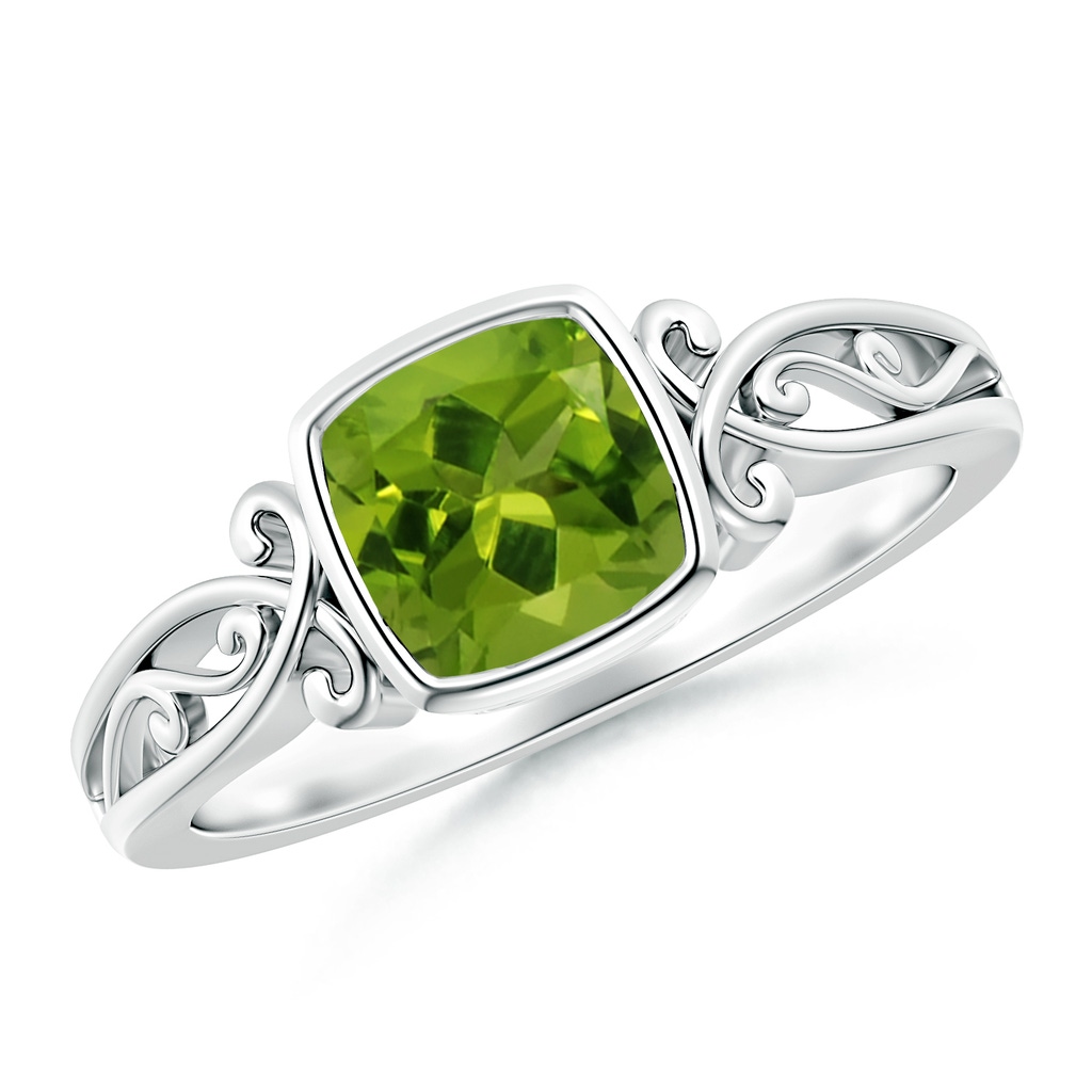 6mm AAAA Vintage Style Cushion Peridot Solitaire Ring in 18K White Gold