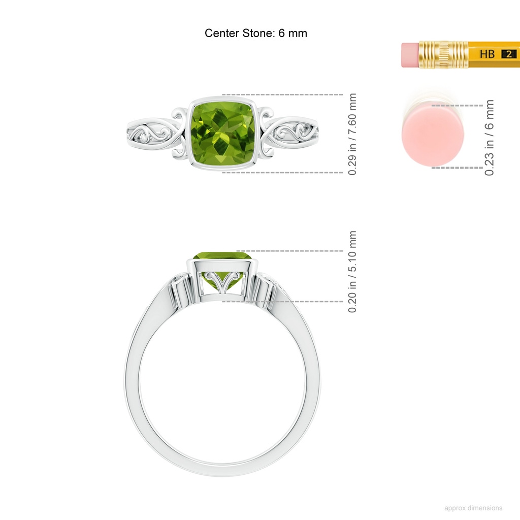 6mm AAAA Vintage Style Cushion Peridot Solitaire Ring in White Gold ruler