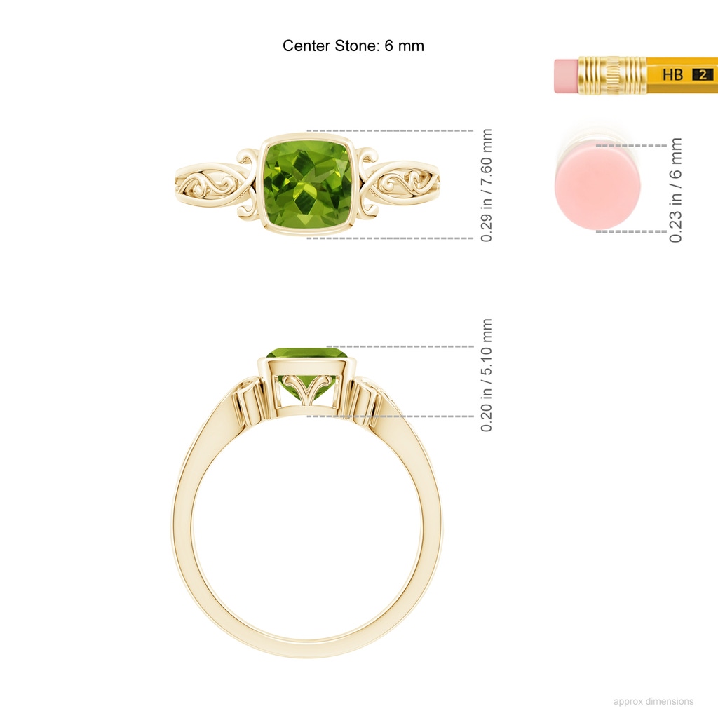 6mm AAAA Vintage Style Cushion Peridot Solitaire Ring in Yellow Gold ruler