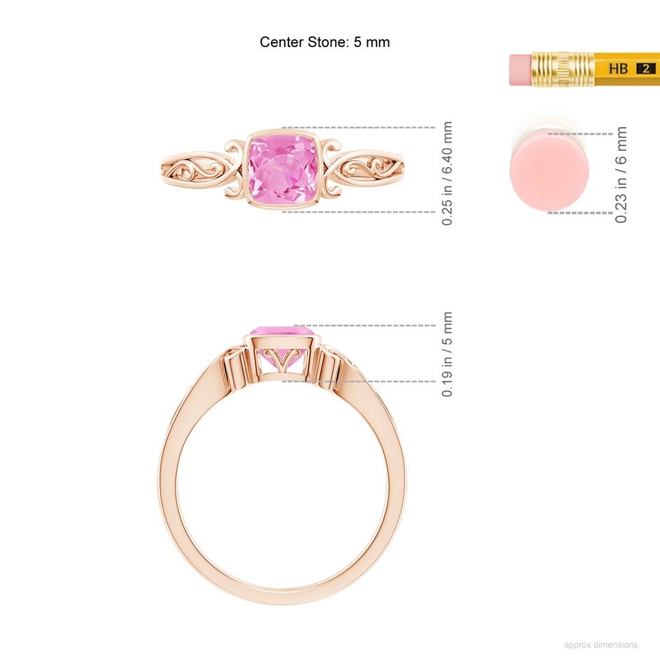 5mm A Vintage Style Cushion Pink Sapphire Solitaire Ring in Rose Gold ruler