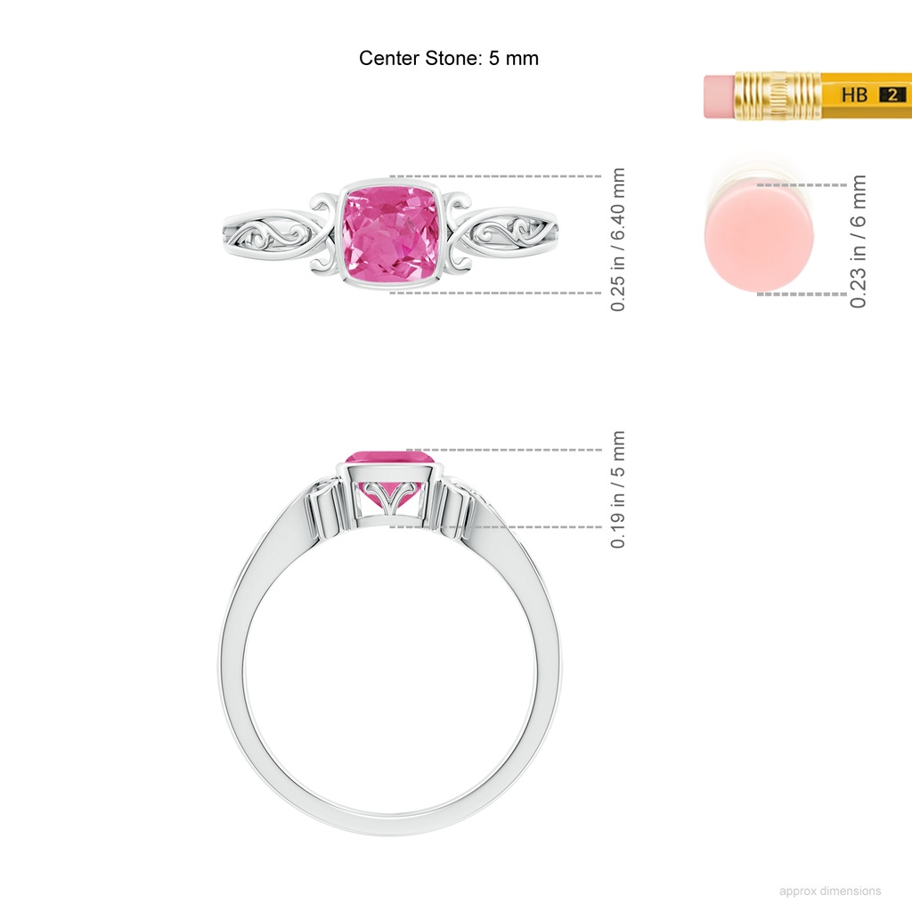 5mm AAA Vintage Style Cushion Pink Sapphire Solitaire Ring in White Gold ruler