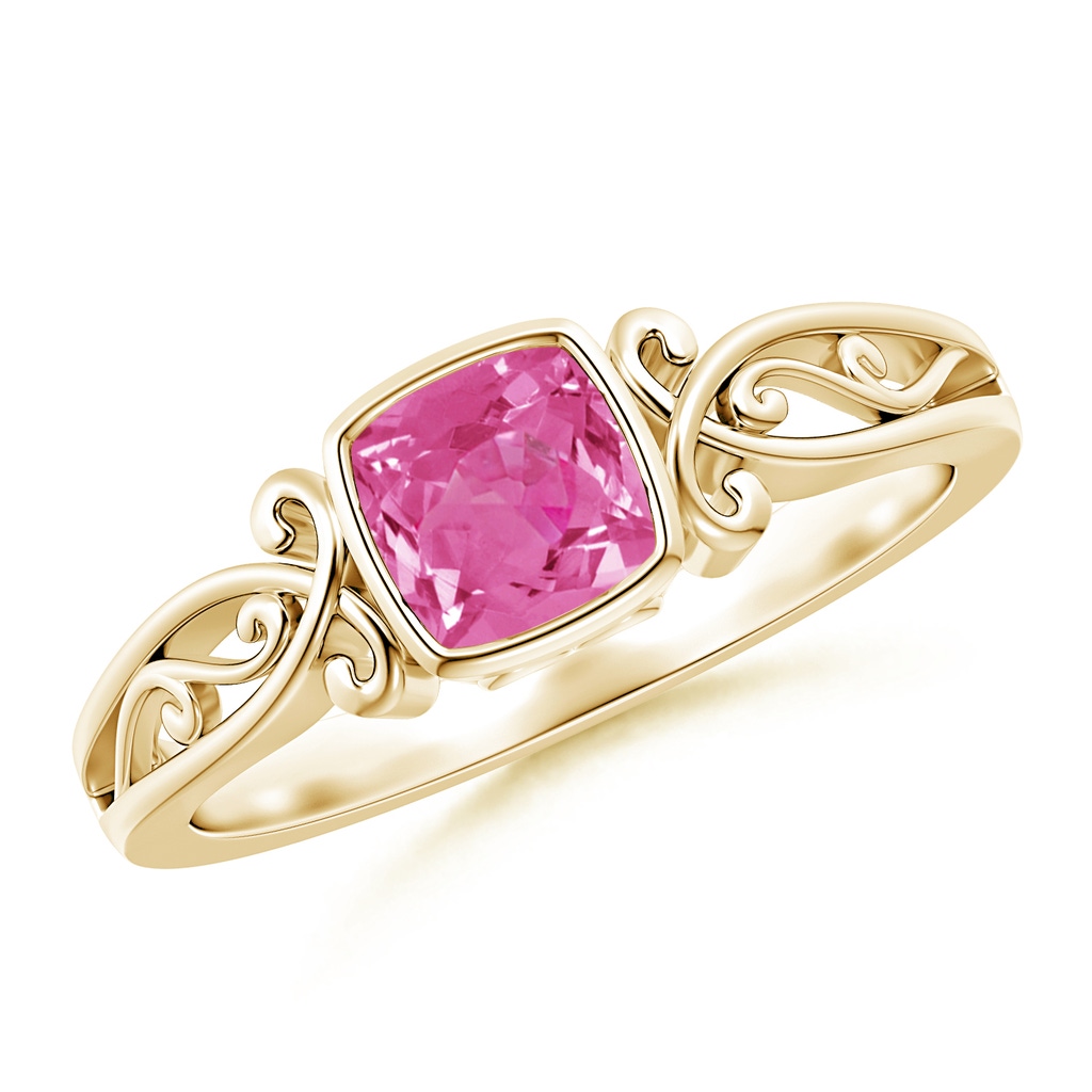 5mm AAA Vintage Style Cushion Pink Sapphire Solitaire Ring in Yellow Gold