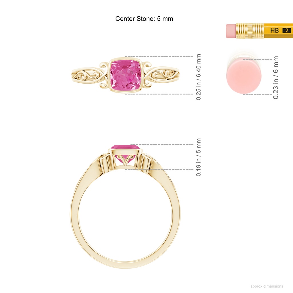 5mm AAA Vintage Style Cushion Pink Sapphire Solitaire Ring in Yellow Gold ruler
