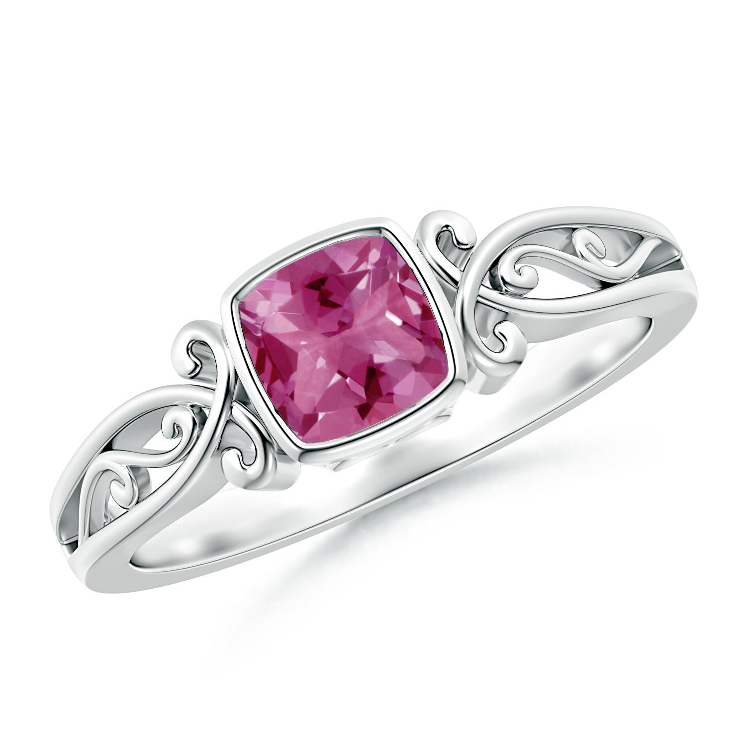 5mm AAAA Vintage Style Cushion Pink Tourmaline Solitaire Ring in 18K White Gold