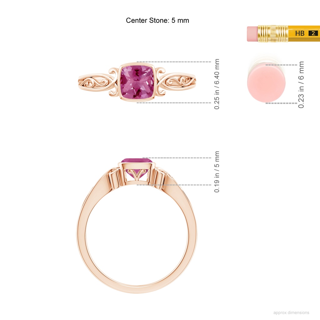5mm AAAA Vintage Style Cushion Pink Tourmaline Solitaire Ring in Rose Gold ruler