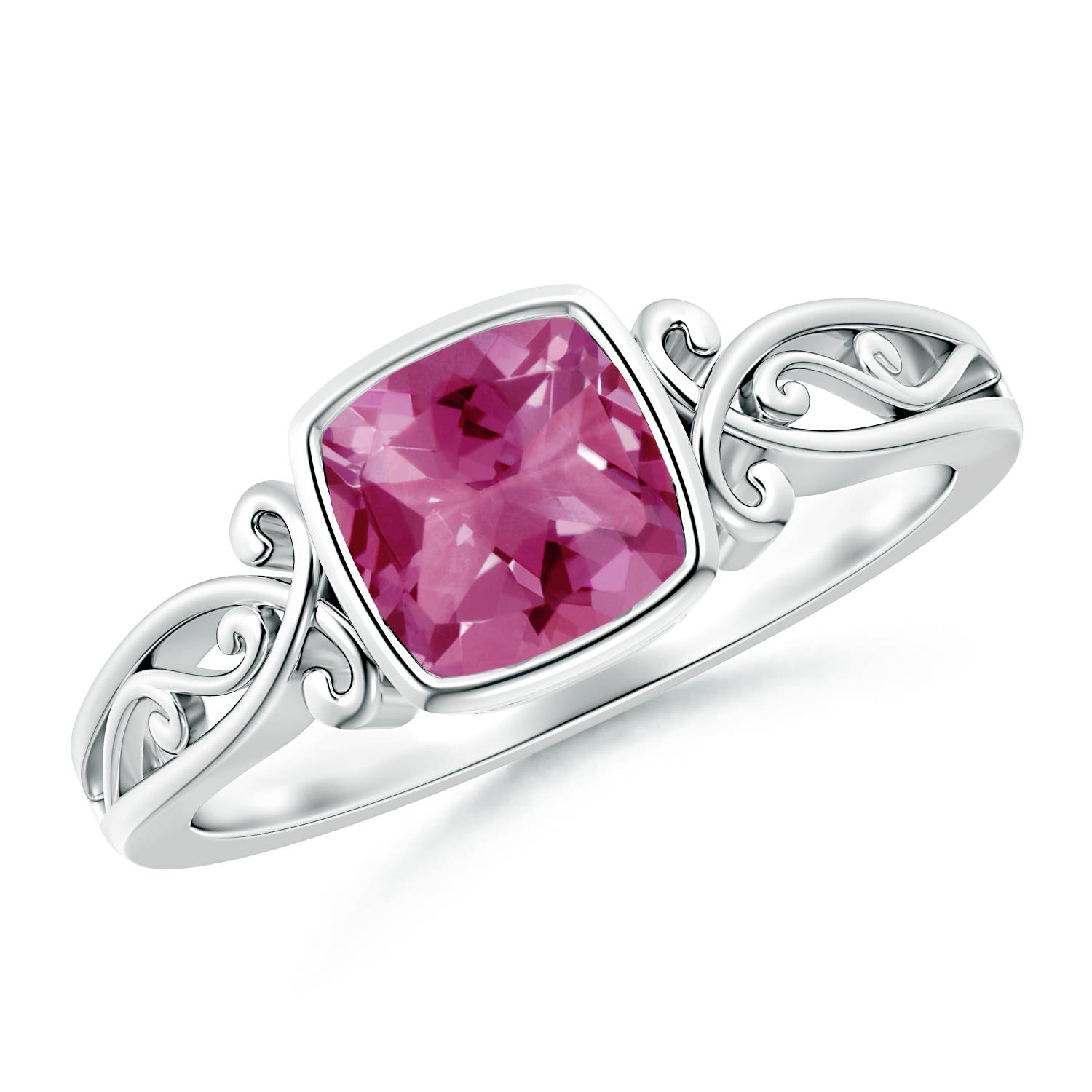 6mm AAAA Vintage Style Cushion Pink Tourmaline Solitaire Ring in 18K White Gold