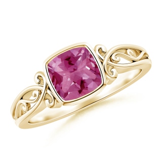 6mm AAAA Vintage Style Cushion Pink Tourmaline Solitaire Ring in Yellow Gold