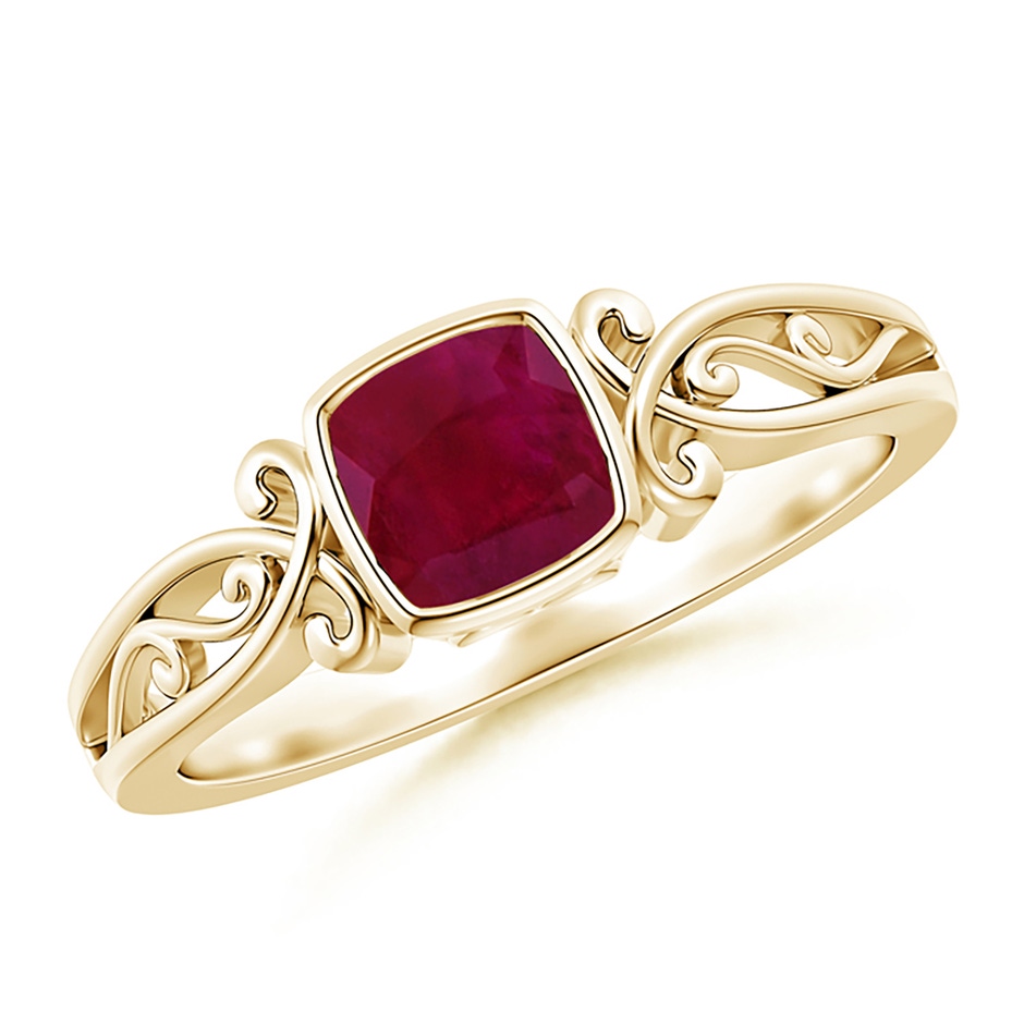 5mm A Vintage Style Cushion Ruby Solitaire Ring in 9K Yellow Gold 