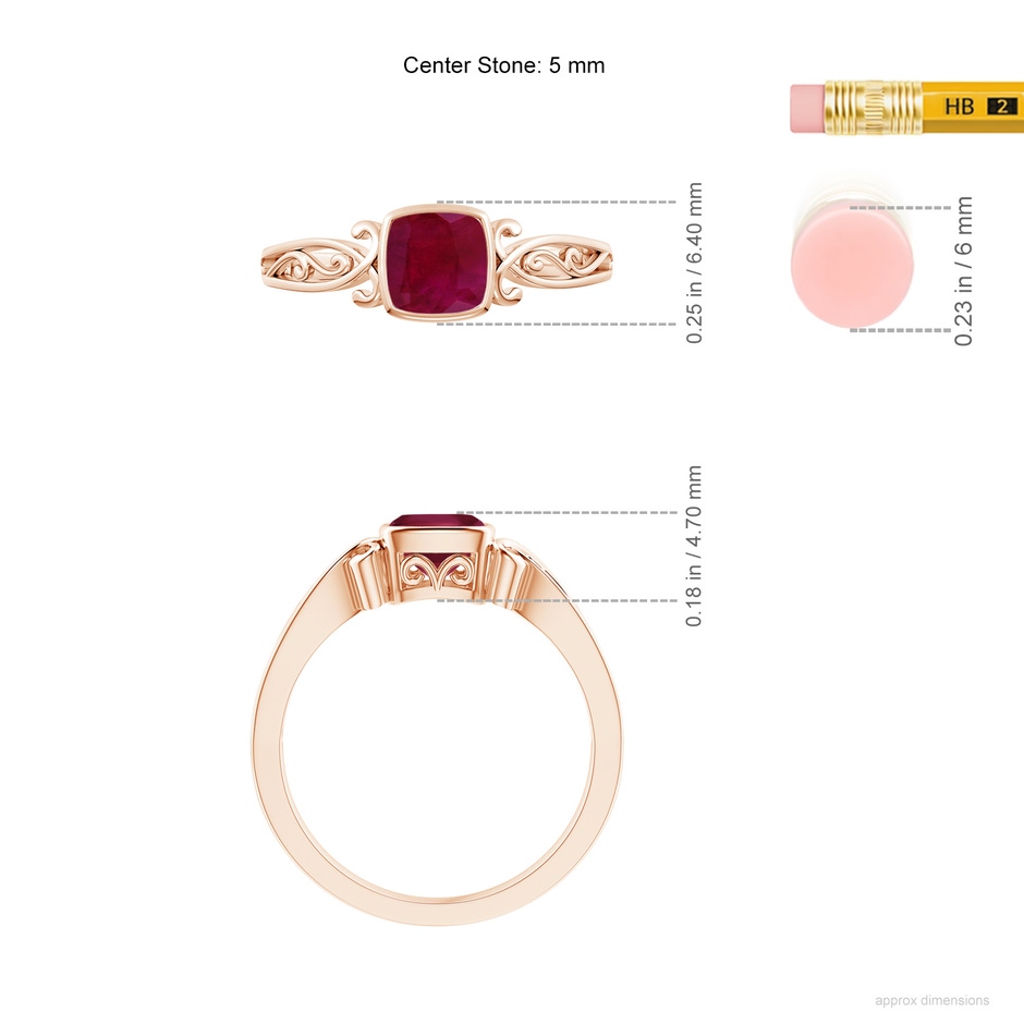 5mm A Vintage Style Cushion Ruby Solitaire Ring in Rose Gold ruler
