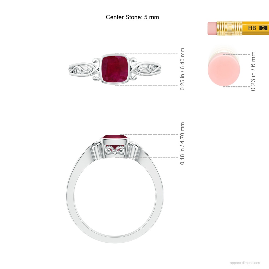 5mm A Vintage Style Cushion Ruby Solitaire Ring in White Gold ruler