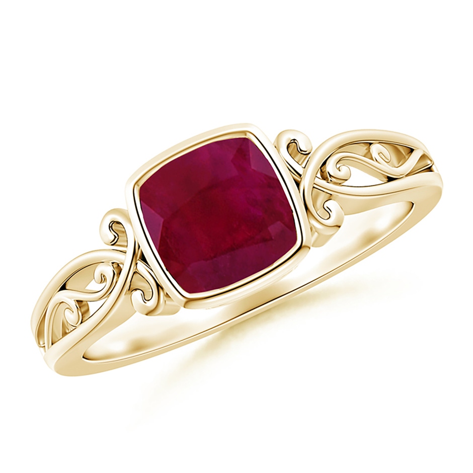 6mm A Vintage Style Cushion Ruby Solitaire Ring in Yellow Gold 