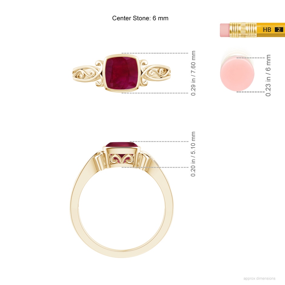 6mm A Vintage Style Cushion Ruby Solitaire Ring in Yellow Gold ruler