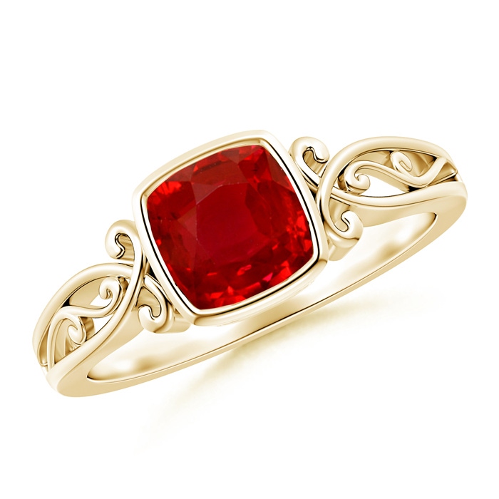 6mm AAA Vintage Style Cushion Ruby Solitaire Ring in Yellow Gold 