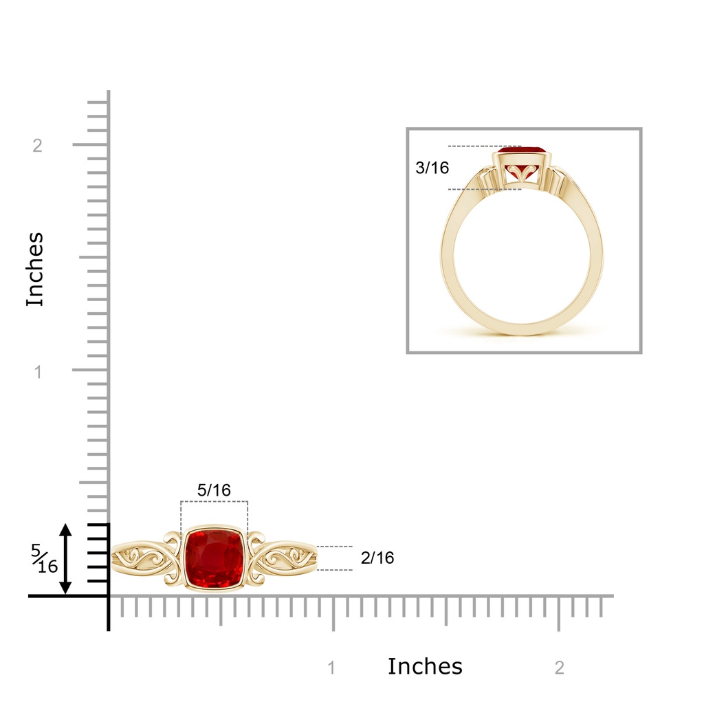 6mm AAA Vintage Style Cushion Ruby Solitaire Ring in Yellow Gold ruler