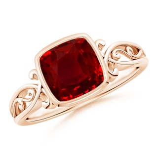 7mm AAAA Vintage Style Cushion Ruby Solitaire Ring in 18K Rose Gold