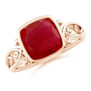 8mm AA Vintage Style Cushion Ruby Solitaire Ring in Rose Gold