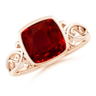 8mm AAAA Vintage Style Cushion Ruby Solitaire Ring in 10K Rose Gold