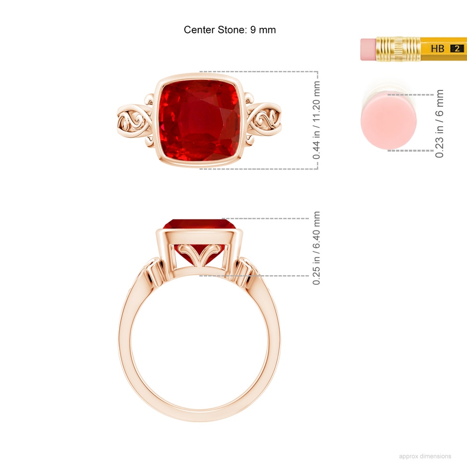 9mm AAA Vintage Style Cushion Ruby Solitaire Ring in Rose Gold ruler