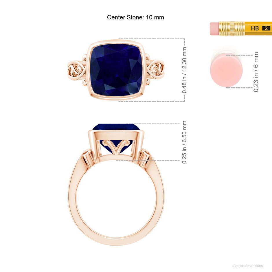 10mm AA Vintage Style Cushion Sapphire Solitaire Ring in Rose Gold ruler