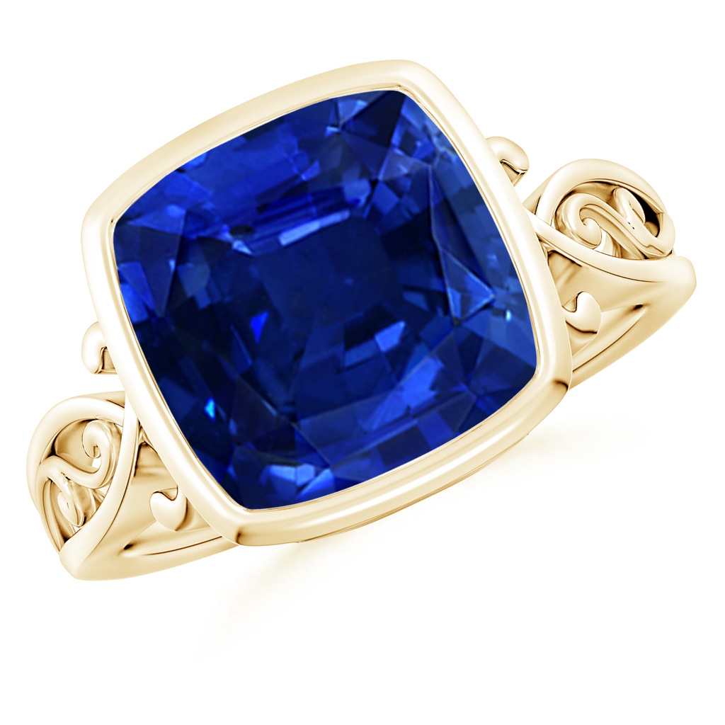 10mm Lab-Grown Vintage Style Cushion Sapphire Solitaire Ring in Yellow Gold