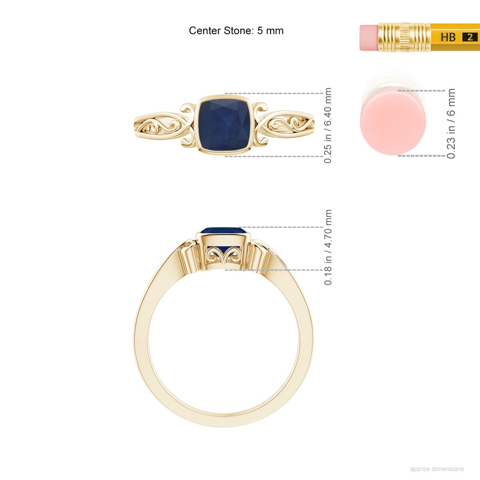5mm A Vintage Style Cushion Sapphire Solitaire Ring in Yellow Gold ruler