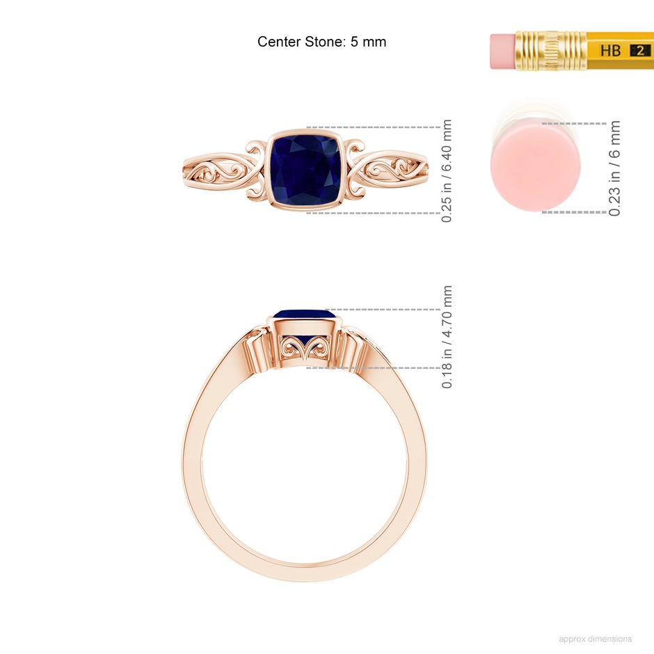 5mm AA Vintage Style Cushion Sapphire Solitaire Ring in Rose Gold ruler