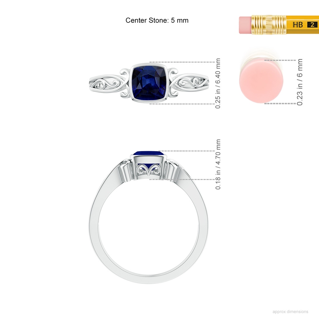 5mm AAA Vintage Style Cushion Sapphire Solitaire Ring in White Gold ruler