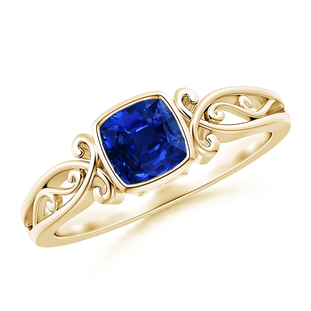 5mm AAAA Vintage Style Cushion Sapphire Solitaire Ring in Yellow Gold