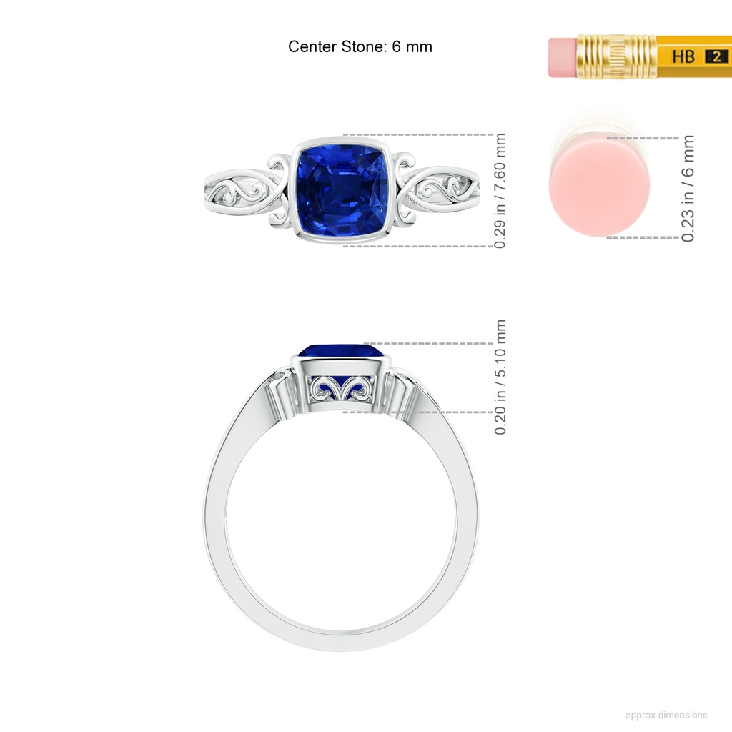 6mm AAAA Vintage Style Cushion Sapphire Solitaire Ring in 10K White Gold ruler
