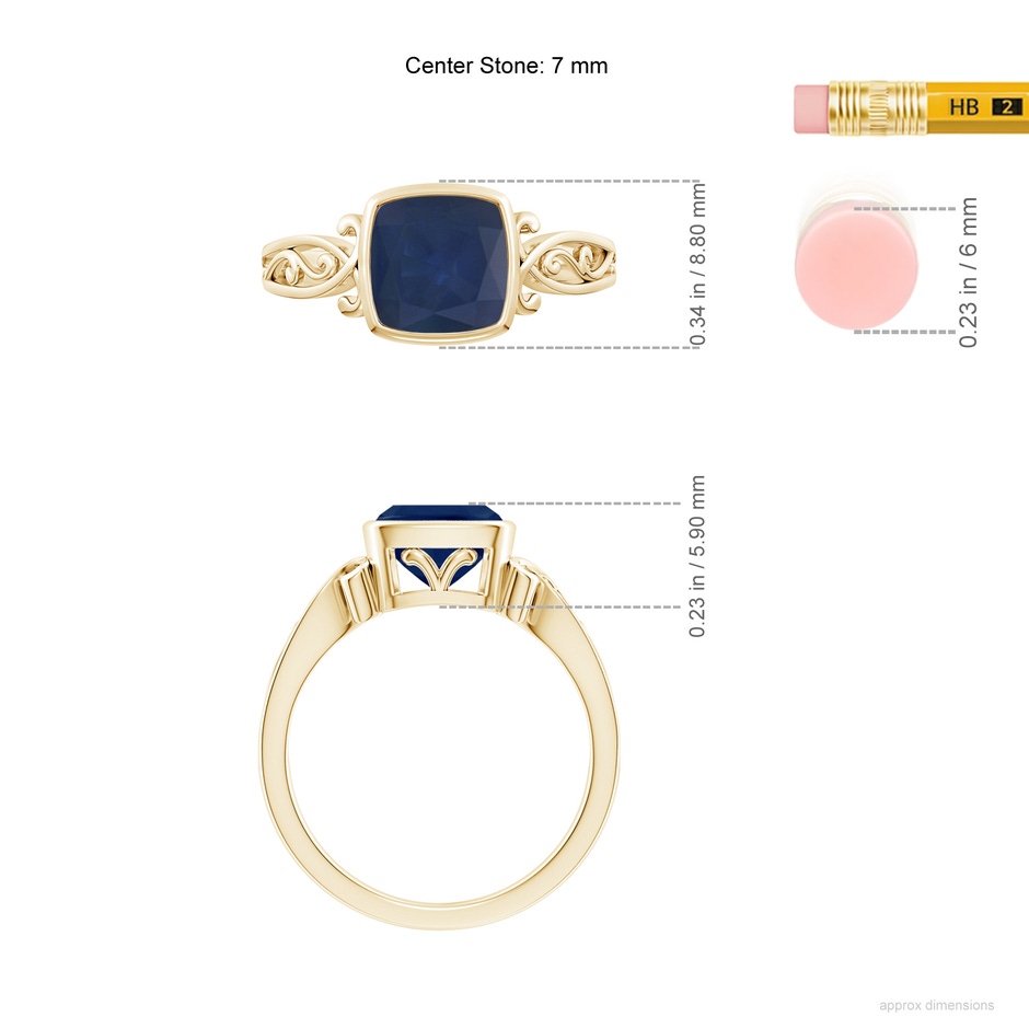 7mm A Vintage Style Cushion Sapphire Solitaire Ring in Yellow Gold ruler