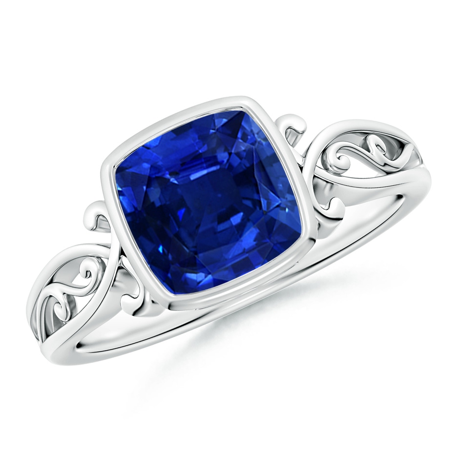 7mm Lab-Grown Vintage Style Cushion Sapphire Solitaire Ring in White Gold 