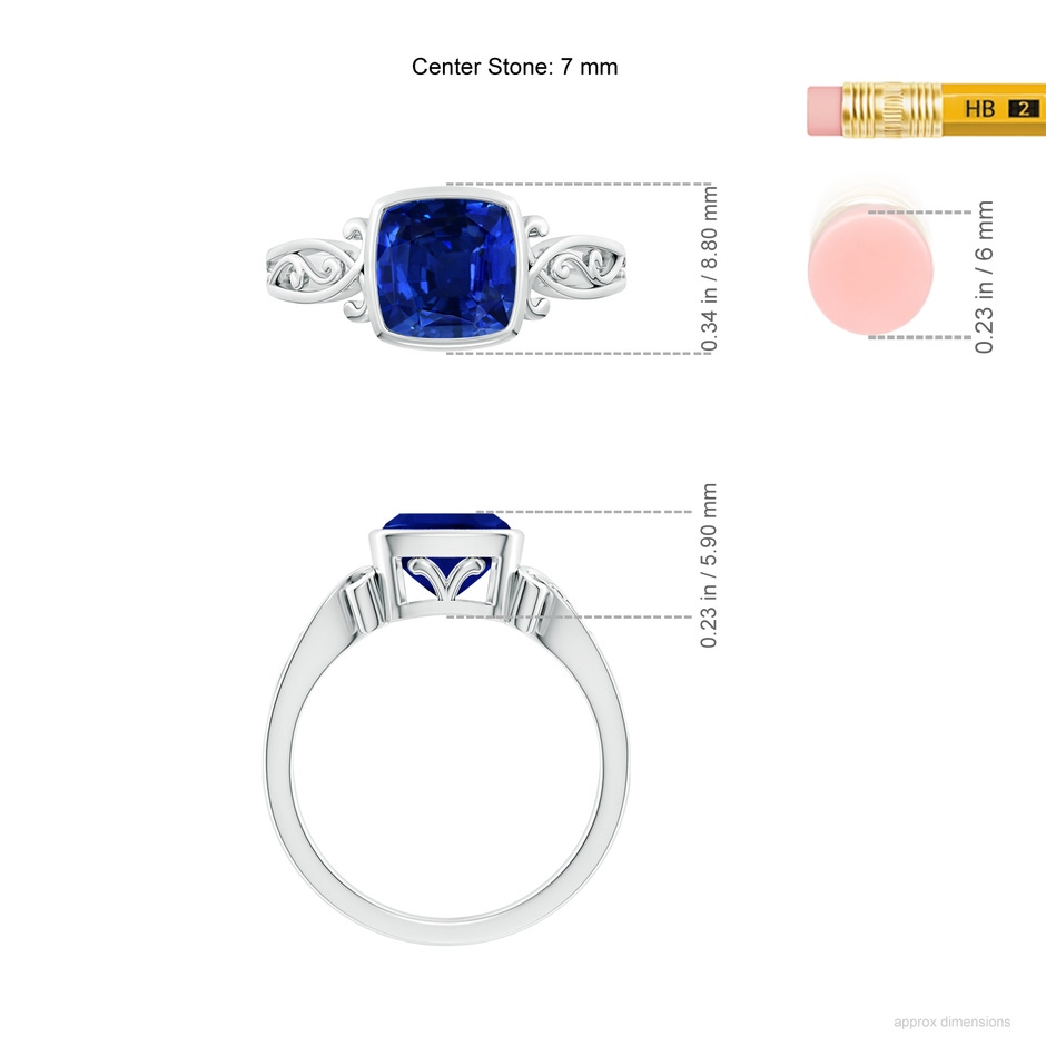 7mm Lab-Grown Vintage Style Cushion Sapphire Solitaire Ring in White Gold ruler