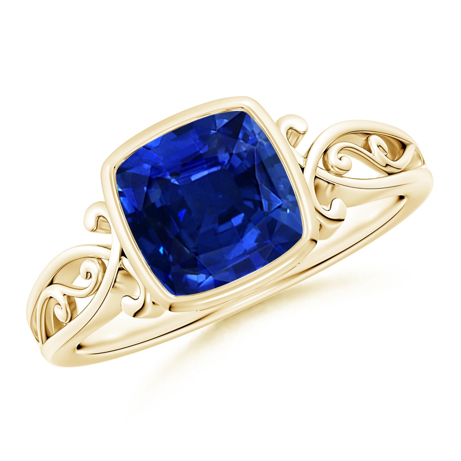 7mm AAAA Vintage Style Cushion Sapphire Solitaire Ring in Yellow Gold 
