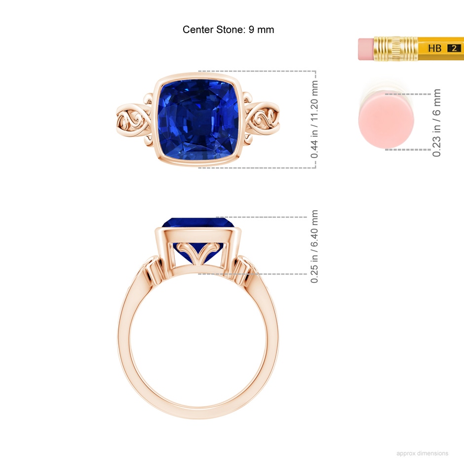 9mm AAAA Vintage Style Cushion Sapphire Solitaire Ring in Rose Gold ruler