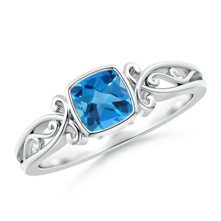 5mm AAAA Vintage Style Cushion Swiss Blue Topaz Solitaire Ring in 18K White Gold