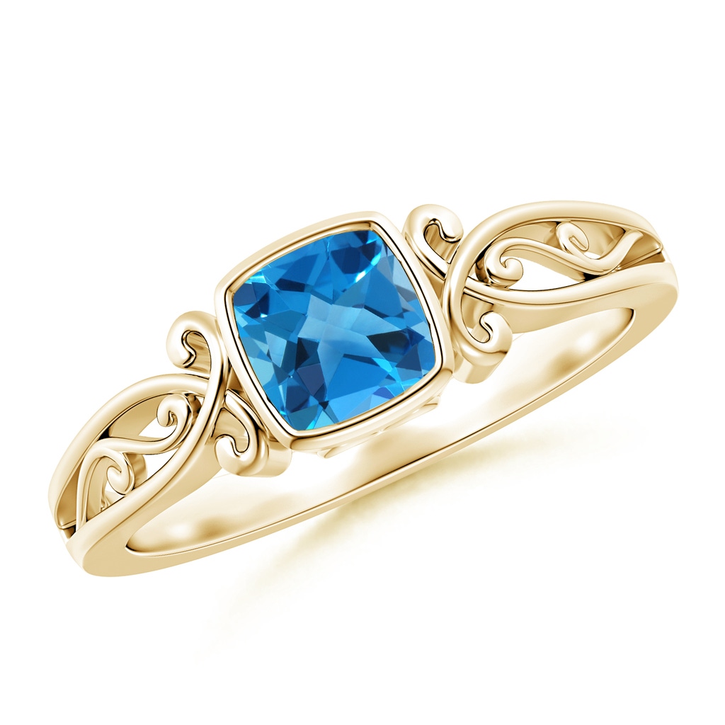 5mm AAAA Vintage Style Cushion Swiss Blue Topaz Solitaire Ring in Yellow Gold