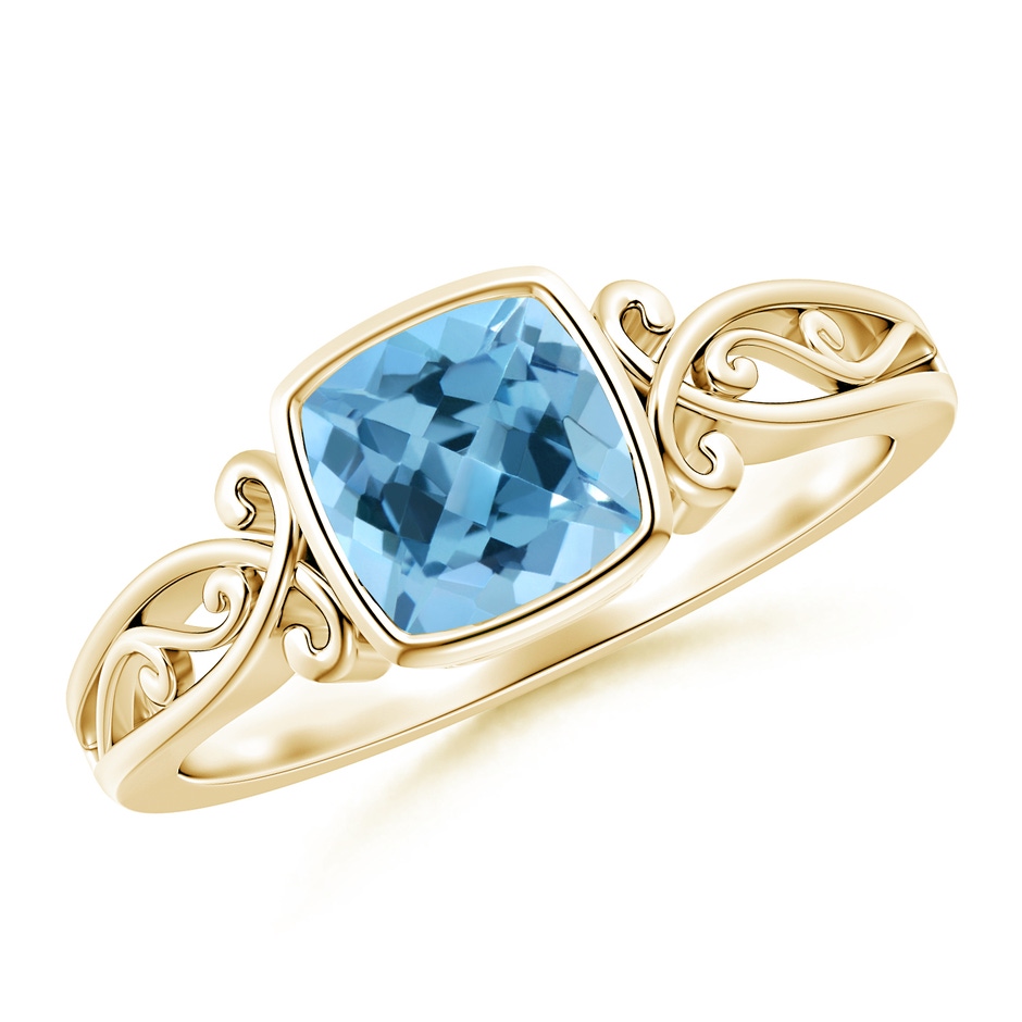 6mm A Vintage Style Cushion Swiss Blue Topaz Solitaire Ring in Yellow Gold 