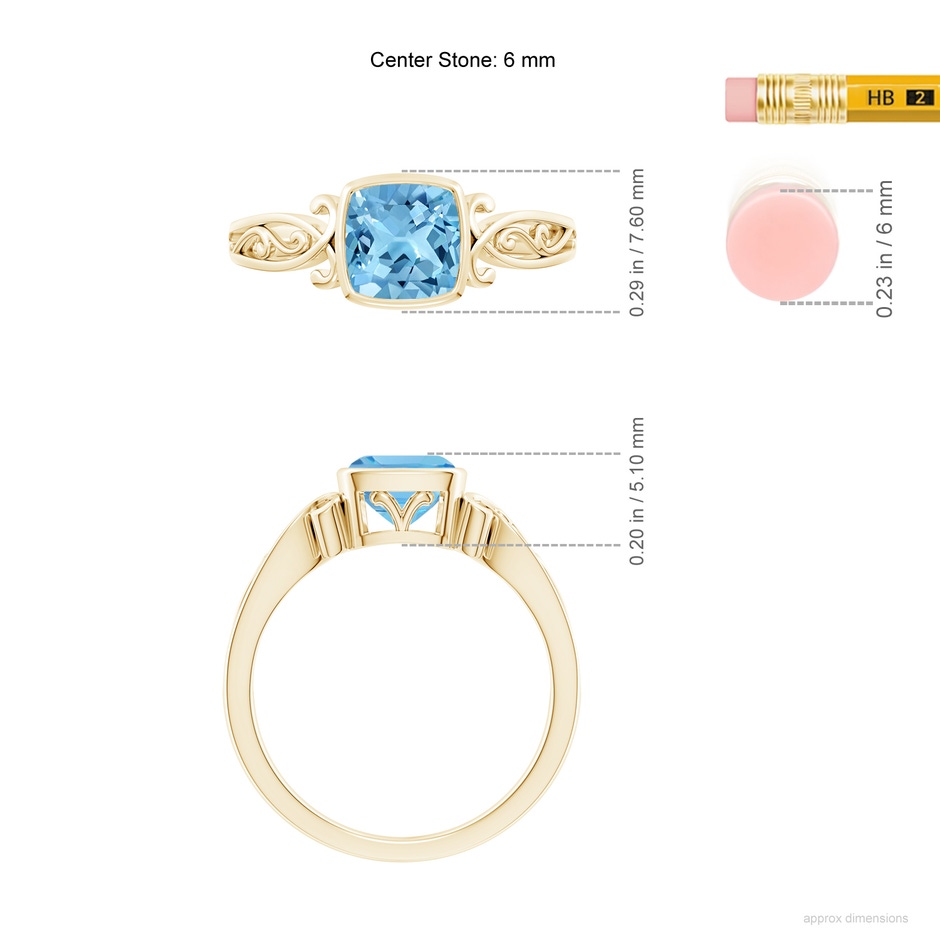 6mm A Vintage Style Cushion Swiss Blue Topaz Solitaire Ring in Yellow Gold ruler