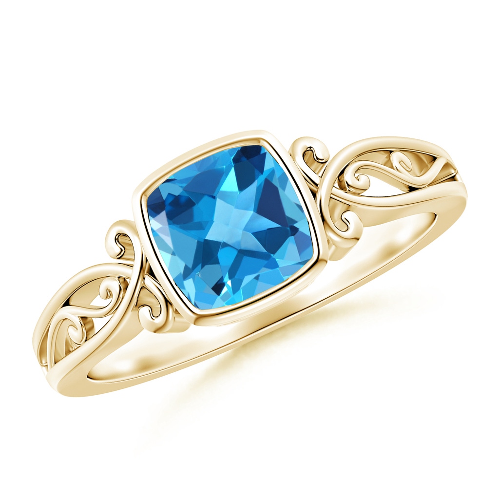 6mm AAA Vintage Style Cushion Swiss Blue Topaz Solitaire Ring in Yellow Gold