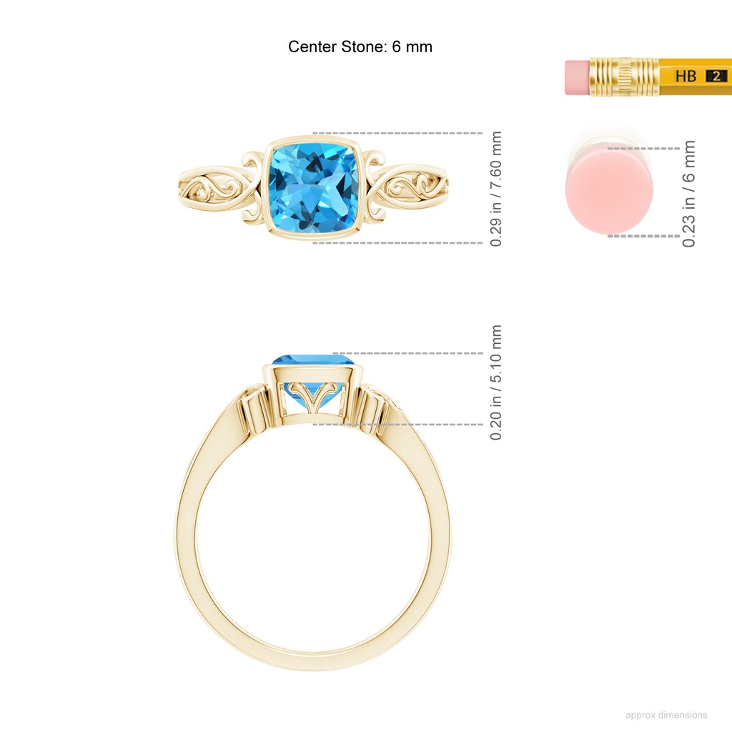 6mm AAA Vintage Style Cushion Swiss Blue Topaz Solitaire Ring in Yellow Gold ruler