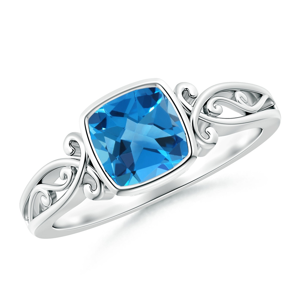 6mm AAAA Vintage Style Cushion Swiss Blue Topaz Solitaire Ring in White Gold