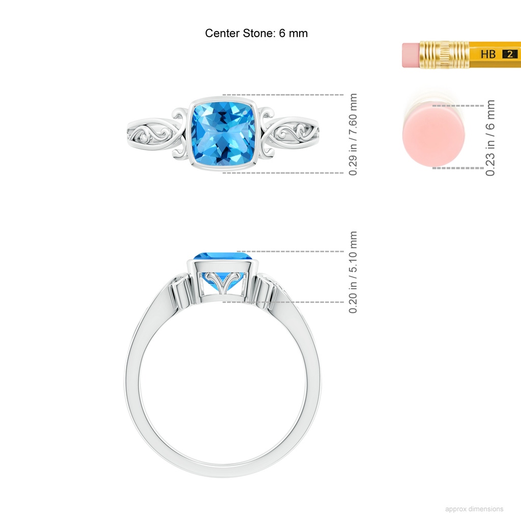 6mm AAAA Vintage Style Cushion Swiss Blue Topaz Solitaire Ring in White Gold ruler