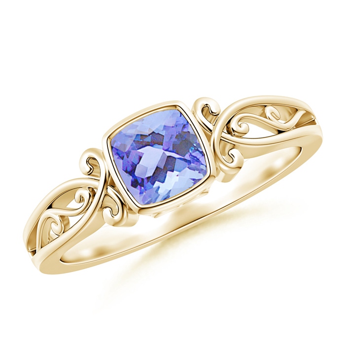 5mm A Vintage Style Cushion Tanzanite Solitaire Ring in Yellow Gold 
