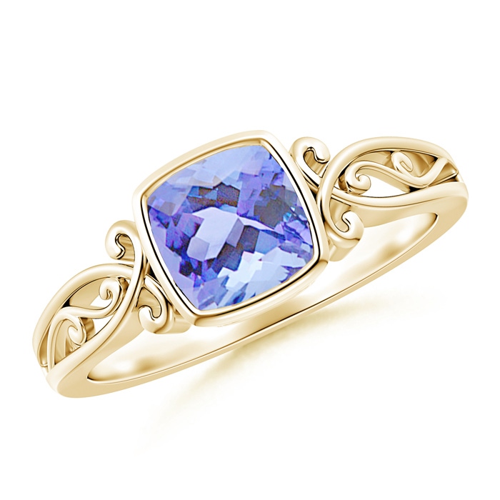 6mm A Vintage Style Cushion Tanzanite Solitaire Ring in Yellow Gold 