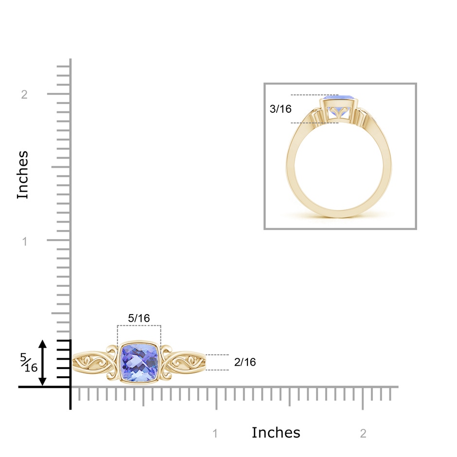 6mm A Vintage Style Cushion Tanzanite Solitaire Ring in Yellow Gold ruler