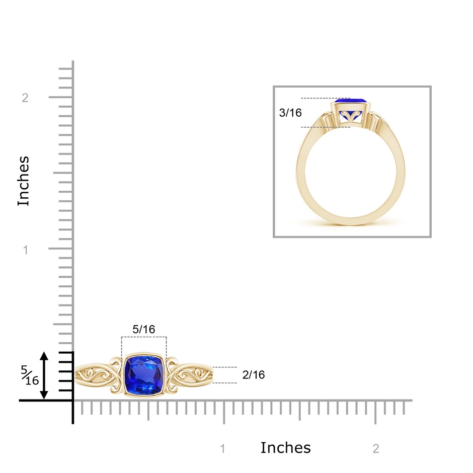 6mm AAA Vintage Style Cushion Tanzanite Solitaire Ring in Yellow Gold ruler